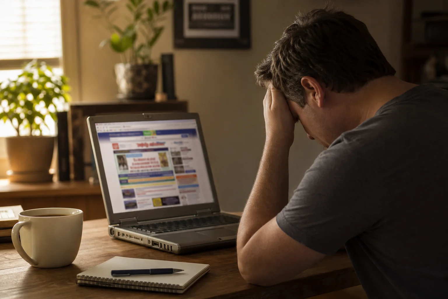 Business owner sitting head in hands at a laptop showing a dated, cluttered website