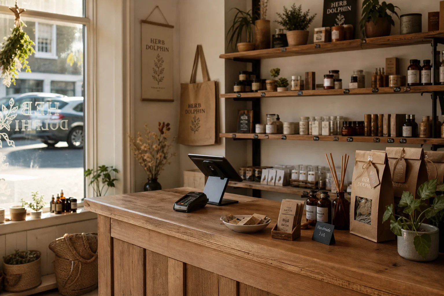 Independent shop counter with a card reader and handmade products on the shelves behind