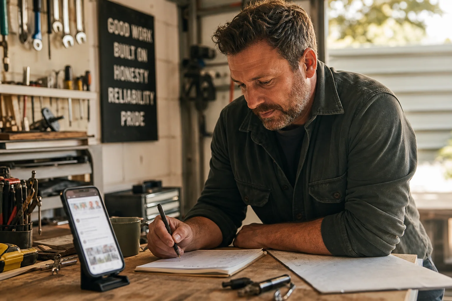 Tradesman in a workshop taking notes beside a phone showing a Facebook business page