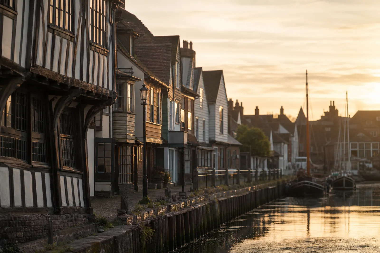 Timber-framed warehouses along Faversham Creek at sunset with a sailing barge moored alongside