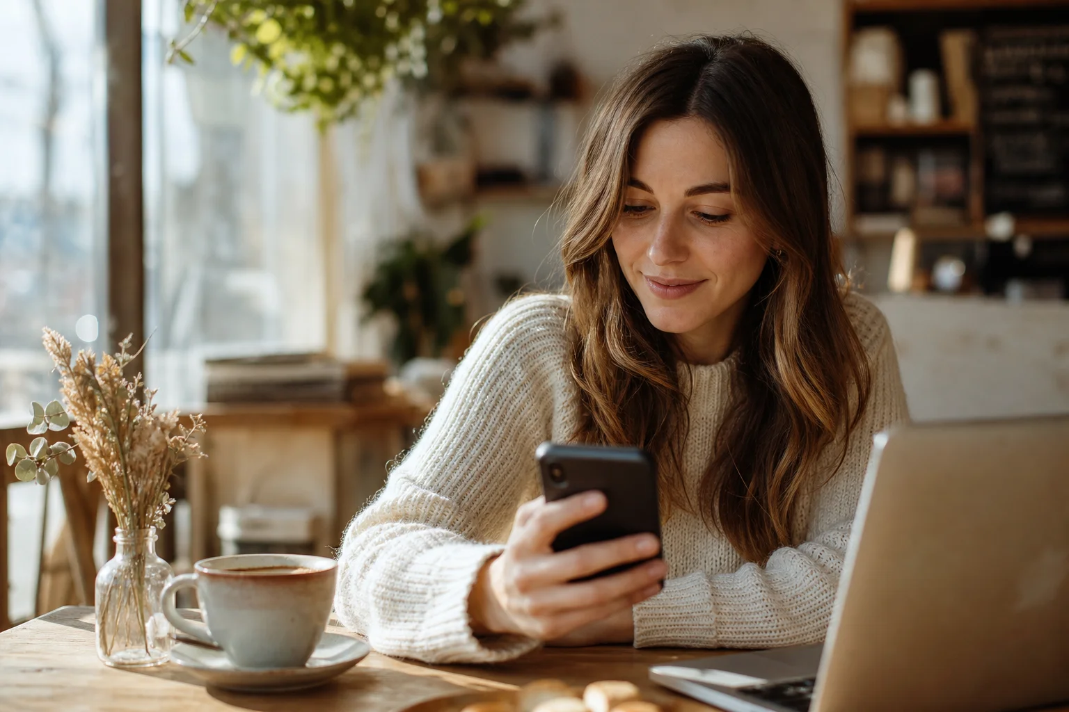 Woman in a cafe reading search results on her phone next to an open laptop