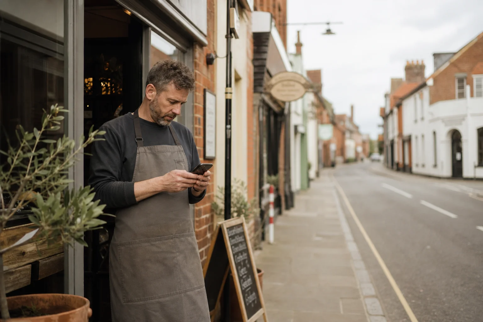 Shop owner checking his phone in the doorway of a quiet high street shop