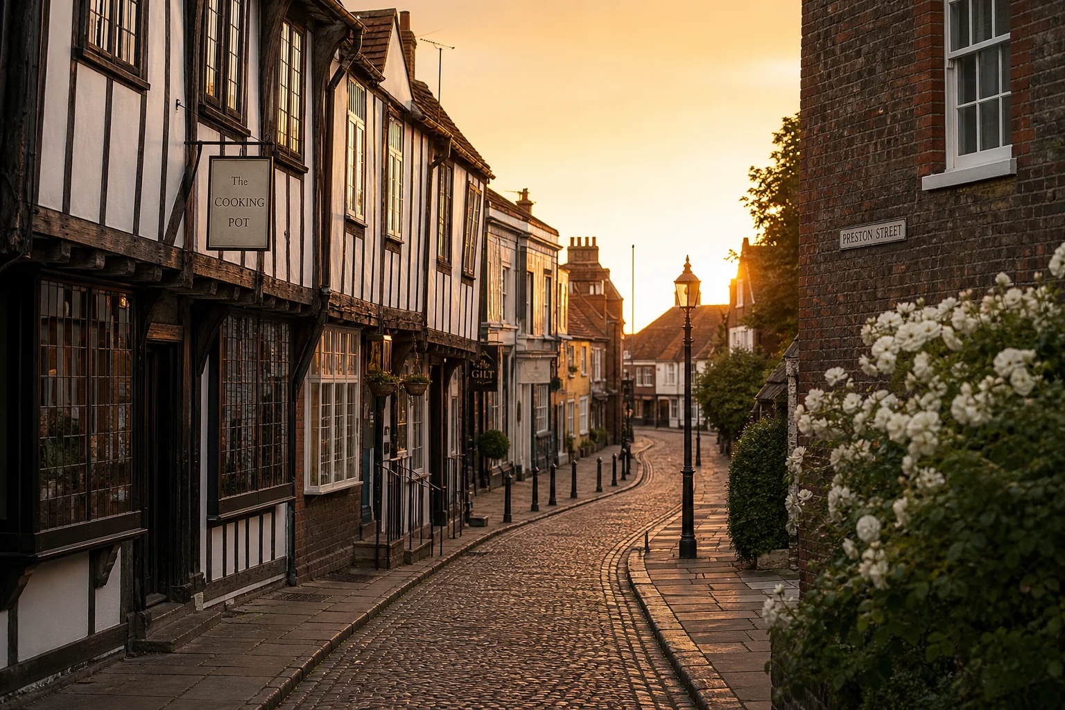 Independent shopfronts on a cobbled Kent high street at sunset