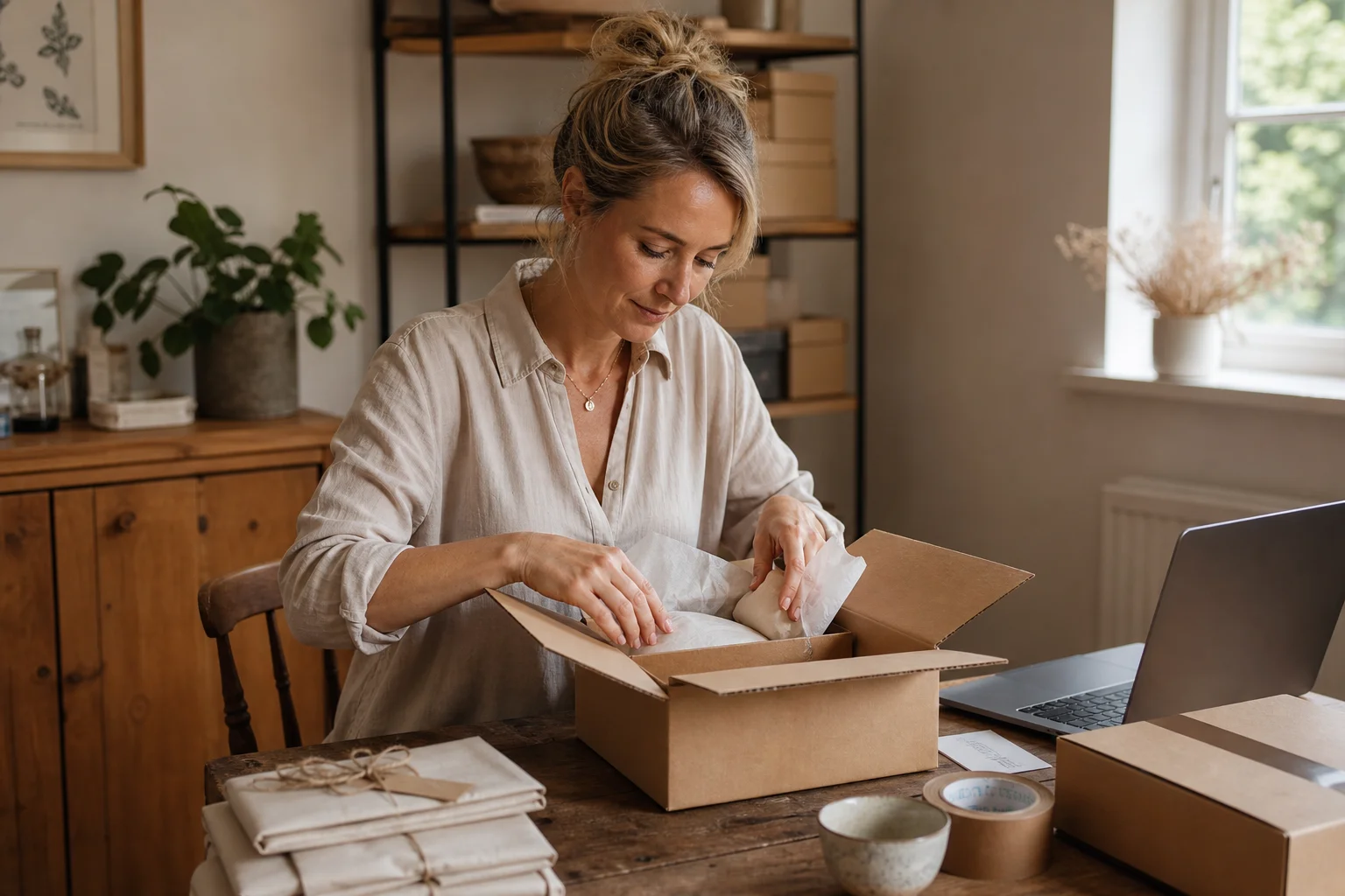 Maker packing an order into a cardboard box at a kitchen table beside a laptop