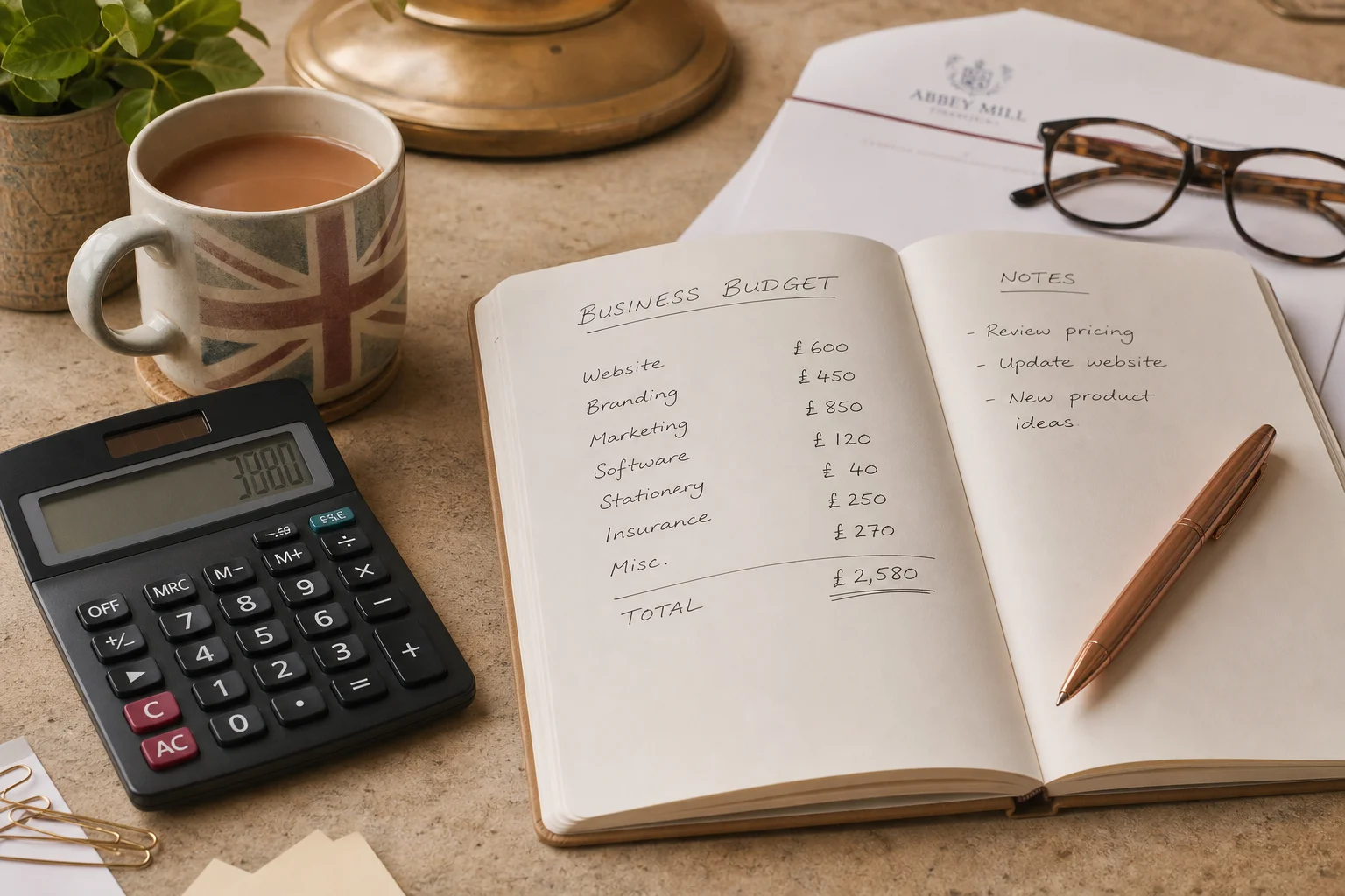 Handwritten business budget listing website, branding and marketing costs beside a calculator
