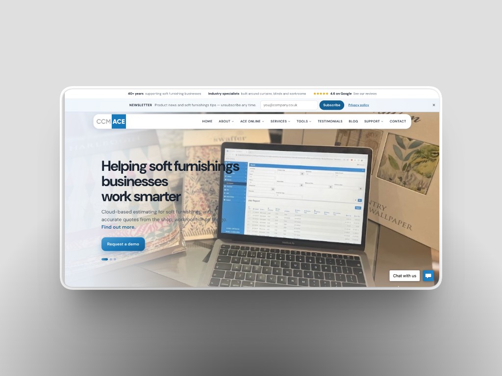 CCM Ace Ltd redesigned homepage with fabric samples and ACE Online on a laptop
