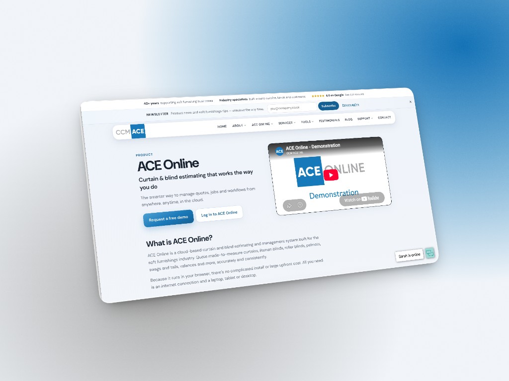 CCM Ace Ltd redesigned homepage with ACE Online demo and login calls to action