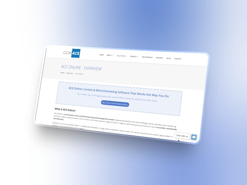 CCM Ace Ltd ACE Online overview page with book a demonstration call to action