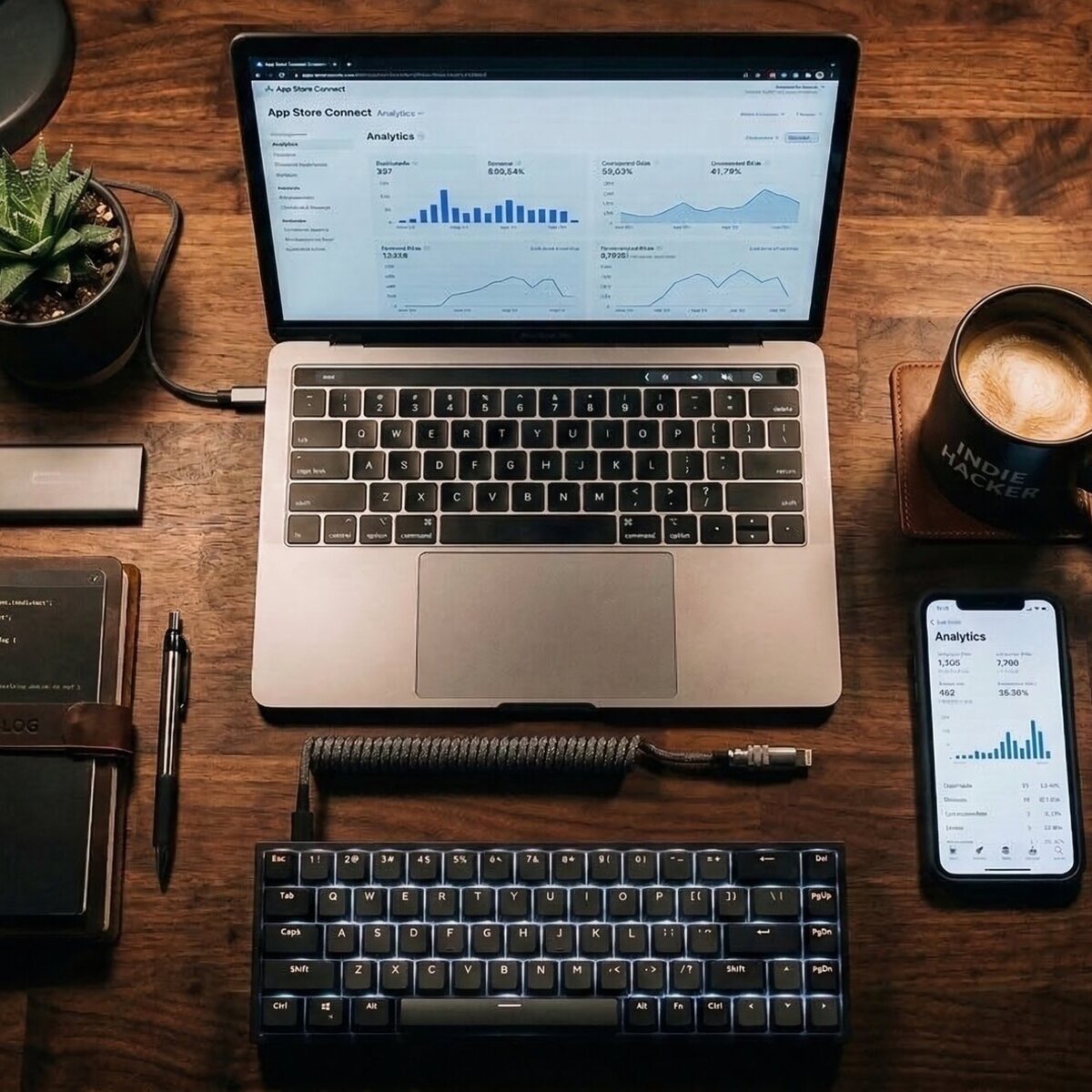 Indie Dev Talks — a laptop showing App Store Connect analytics on a desk with a mechanical keyboard