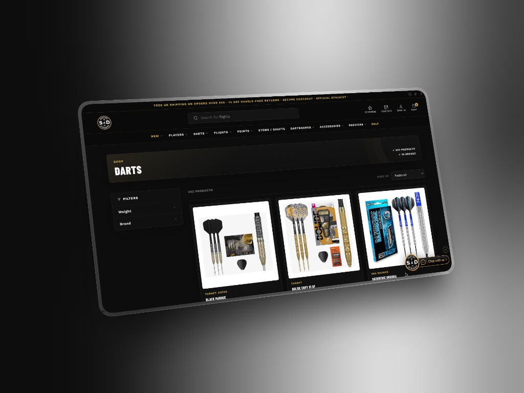 S&D Darting Dynamics darts collection page with brand and weight filters
