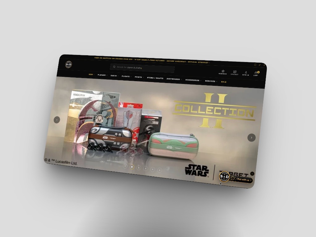 S&D Darting Dynamics Shopify store homepage on desktop