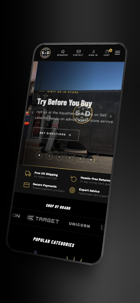 S&D Darting Dynamics mobile homepage with visit in store call to action
